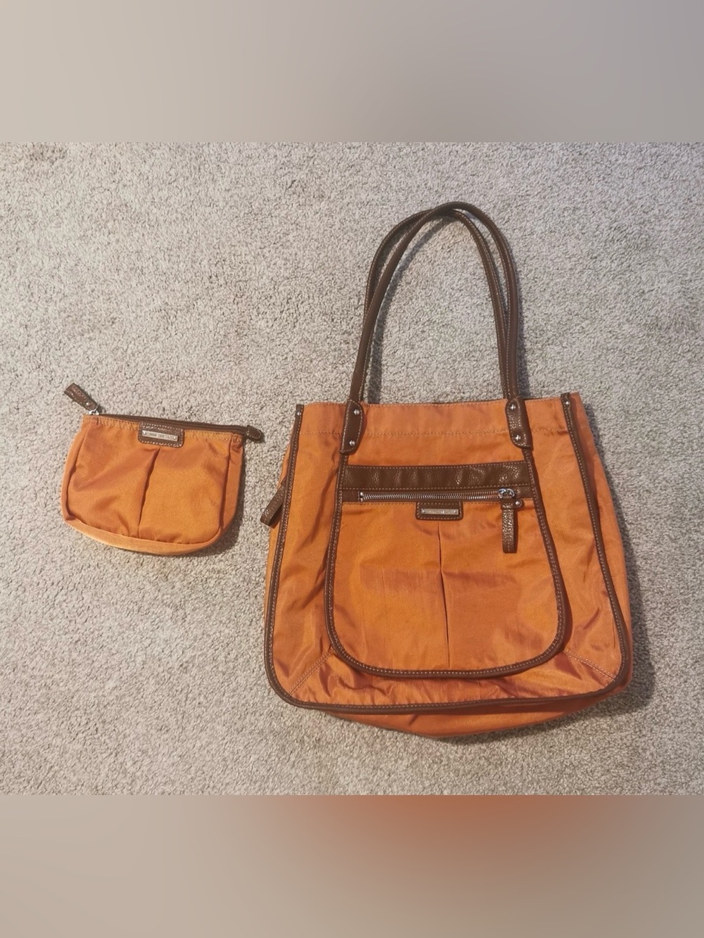 Nine West Orange Tote Bag with Pouch - Brown Trim